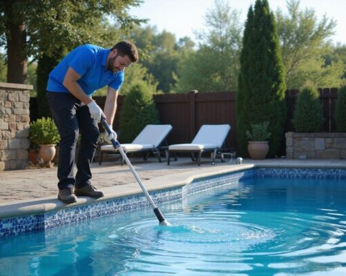 Professional pool cleaning technician vacuuming a residential swimming pool during routine pool cleaning service in Melbourne