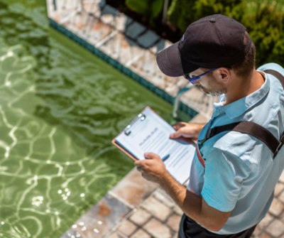Professional pool technician inspecting a residential swimming pool