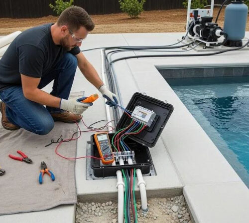 Technician installing and configuring a pool automation system for a Melbourne swimming pool