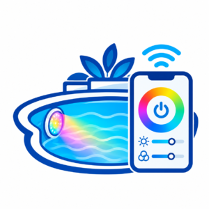 Pool lighting control and automation icon showing smartphone control of an underwater pool light