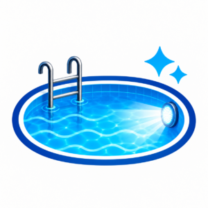 White LED pool lighting icon showing a swimming pool with an illuminated underwater light